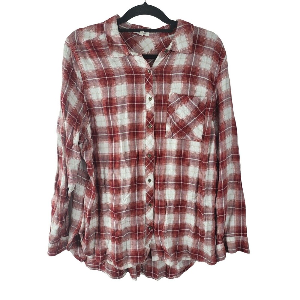 Maurices Button Front Top 0X Womens Plus Size Red White Long Sleeve Pocket Top